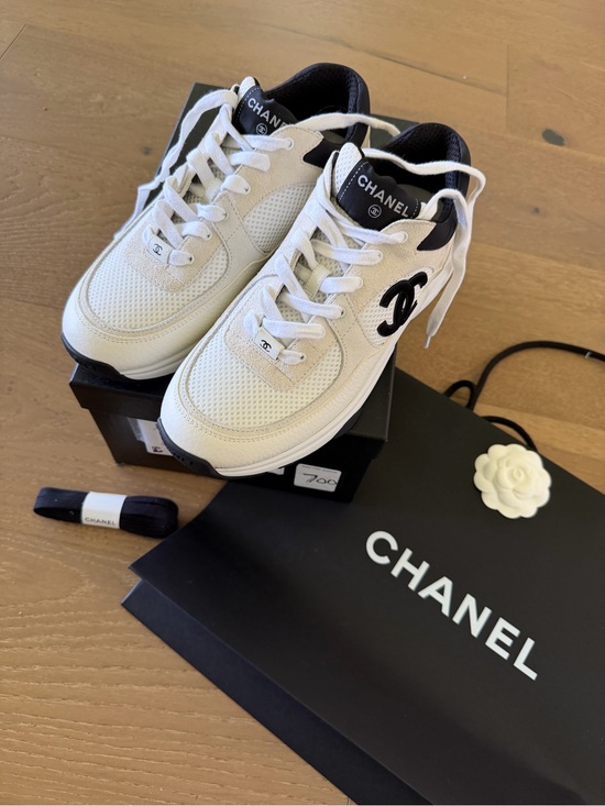 CHANEL Shoes - CHANEL White and Black CC Logo Mesh & Leather Sneakers